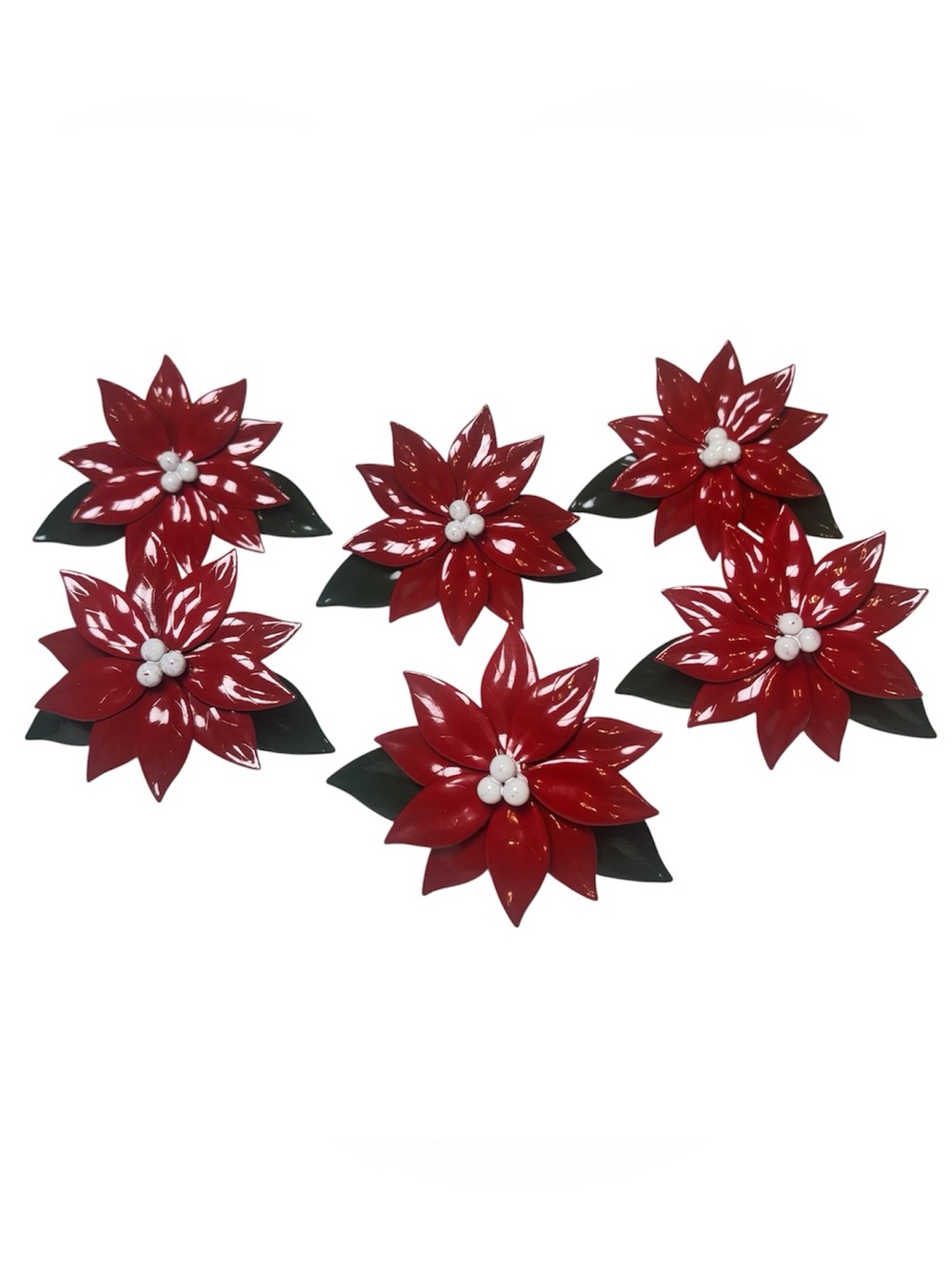 Red Poinsettia Metal Napkin Rings Vintage Enamel Holiday Table Decor Set of 6